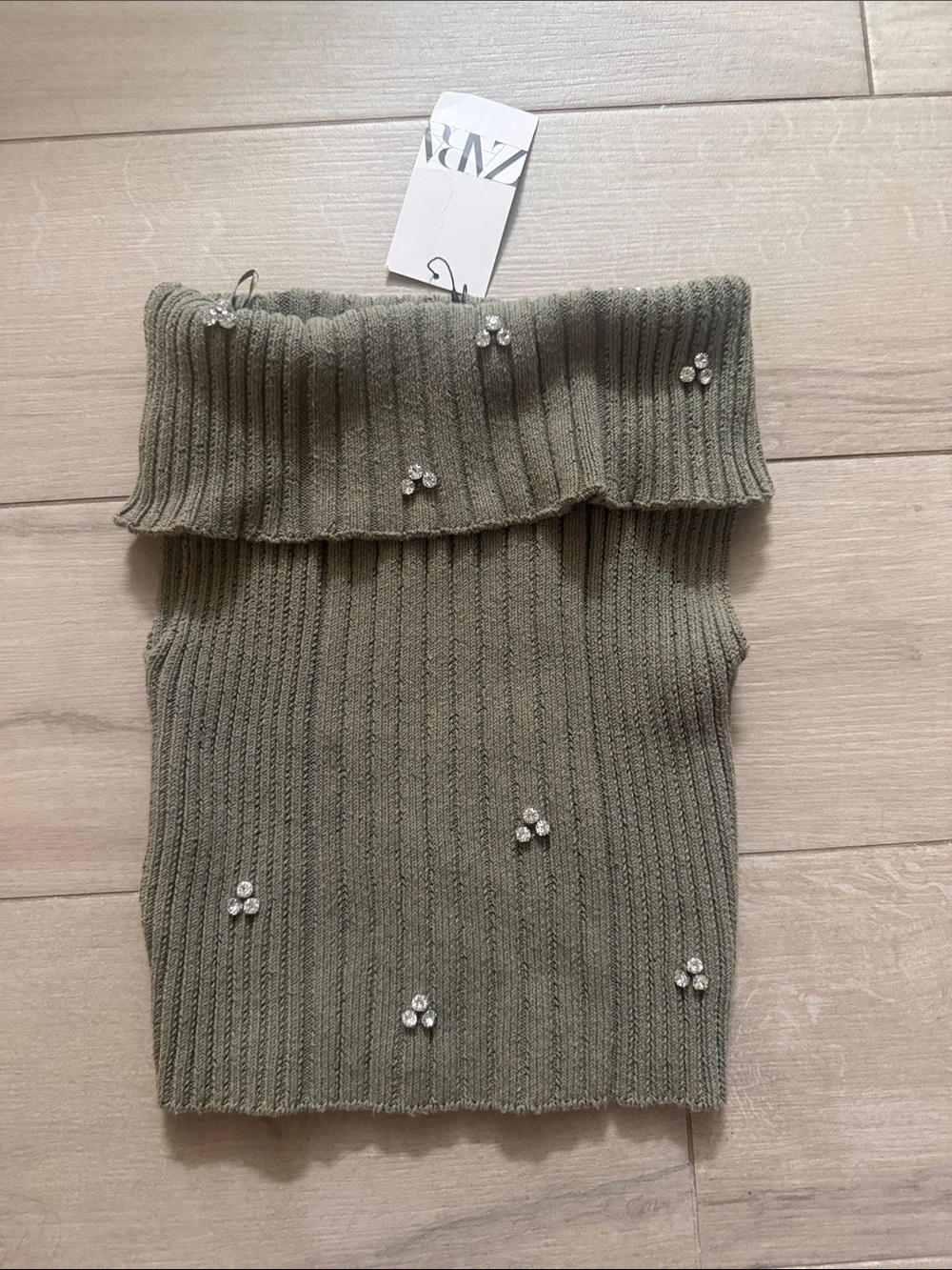ZARA Olive Ribbed Off-Shoulder Sweater Tube with Crystal Clusters